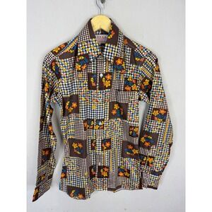 Vintage Ng Kee Patchwork Floral Gingham Disco Shirt Orange Retro 70s Woman S
